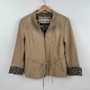 Wilson's Leather Pelle Studio Beige Tan Women Two Way Zip Jacket Sz M Tie Waist